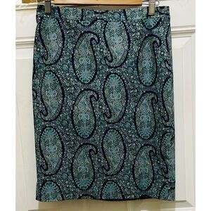 J Crew Paisley Print Pencil Skirt Blue Green Size 4 Career Office
